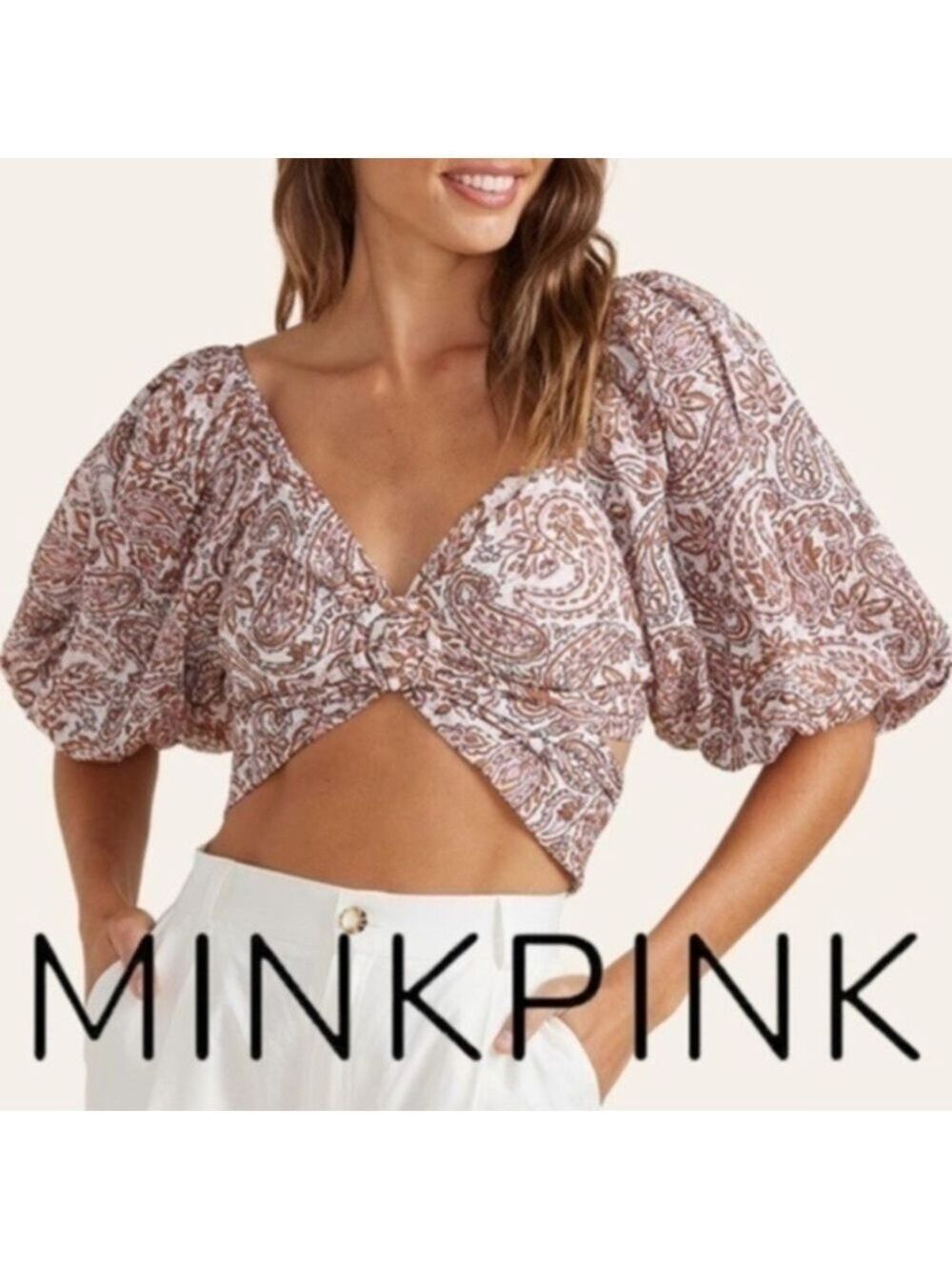 MINKPINK Paisley Print Puff Sleeve Tie-Back V-Neck O-Ring Detail CropTop NWT/XL